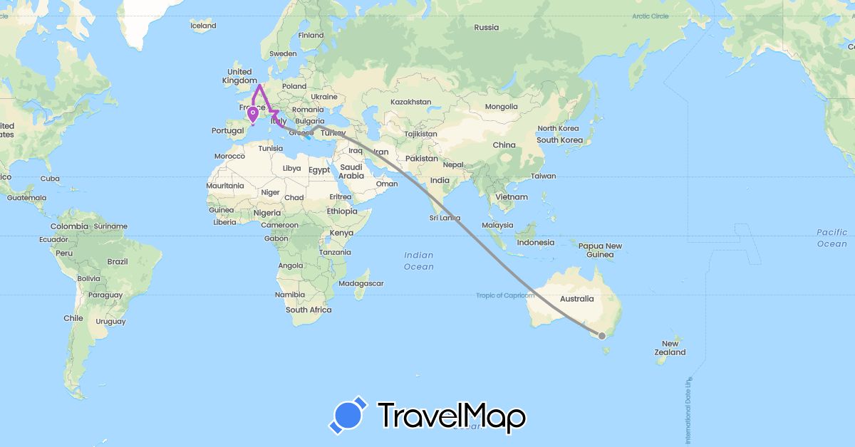 TravelMap itinerary: driving, plane, train, boat in Australia, Spain, France, Greece, Italy, Netherlands, Turkey (Asia, Europe, Oceania)